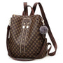 Sac à dos en cuir PU femme tendance avec motif marron, zippers et pompoms gris