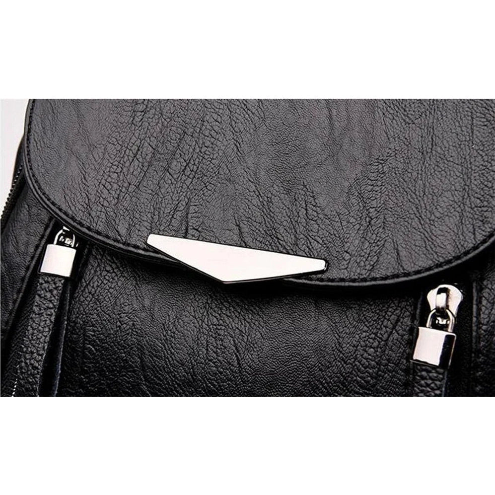 Sac à dos cuir souple poche à rabat avec sac à main en faux cuir noir et hardware argenté