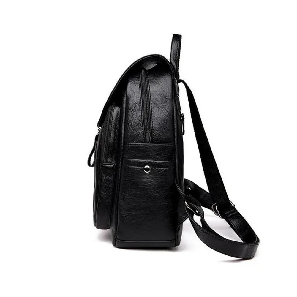 Sac à dos cuir souple en faux cuir noir avec poches zippées et bretelles ajustables