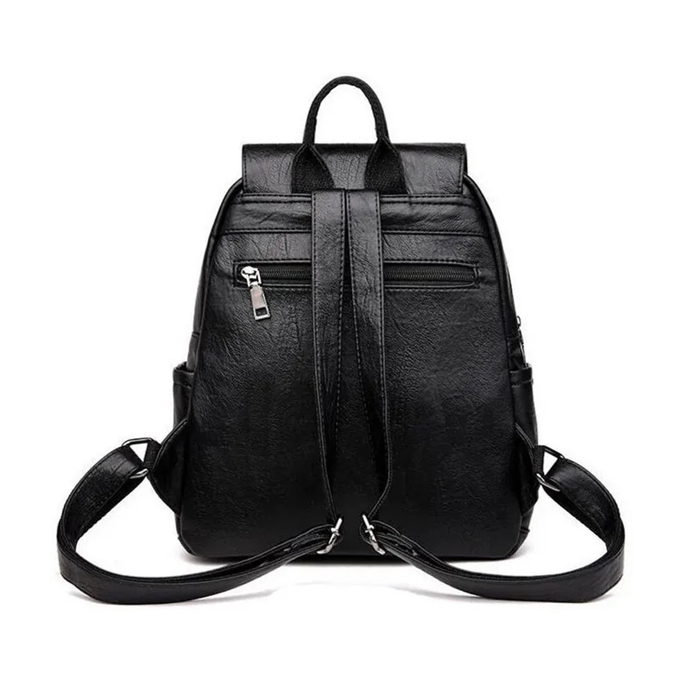 Sac à dos en faux cuir noir avec poches zippées et bretelles réglables