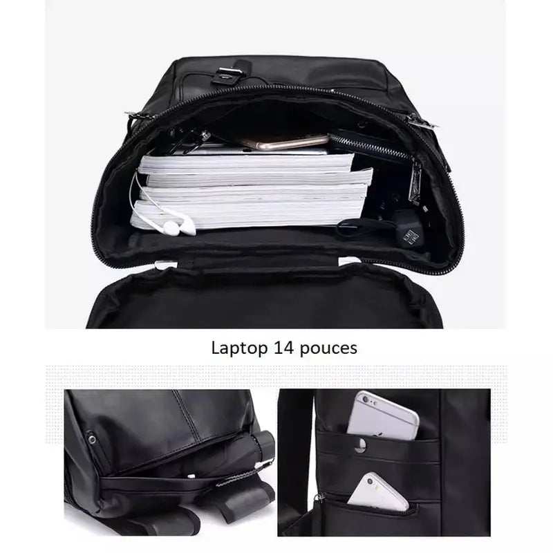 Sac à dos en cuir synthétique homme avec multiples compartiments et poches
