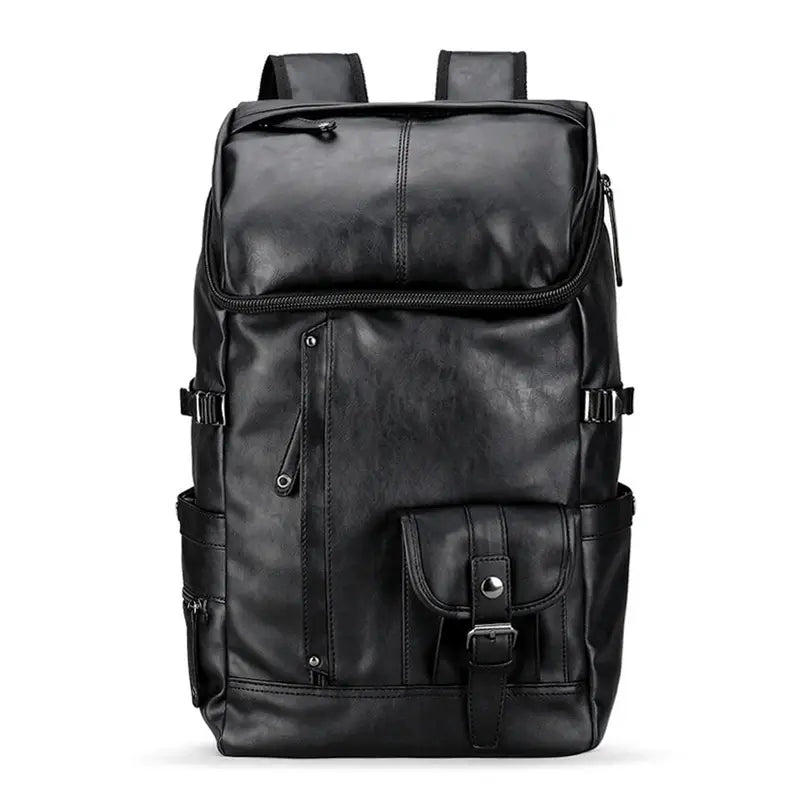 Sac à dos cuir synthétique homme en faux cuir noir avec plusieurs poches et bretelles ajustables