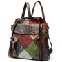Sac à dos en cuir véritable femme avec patchwork coloré, motifs floraux embossés et cordon de serrage