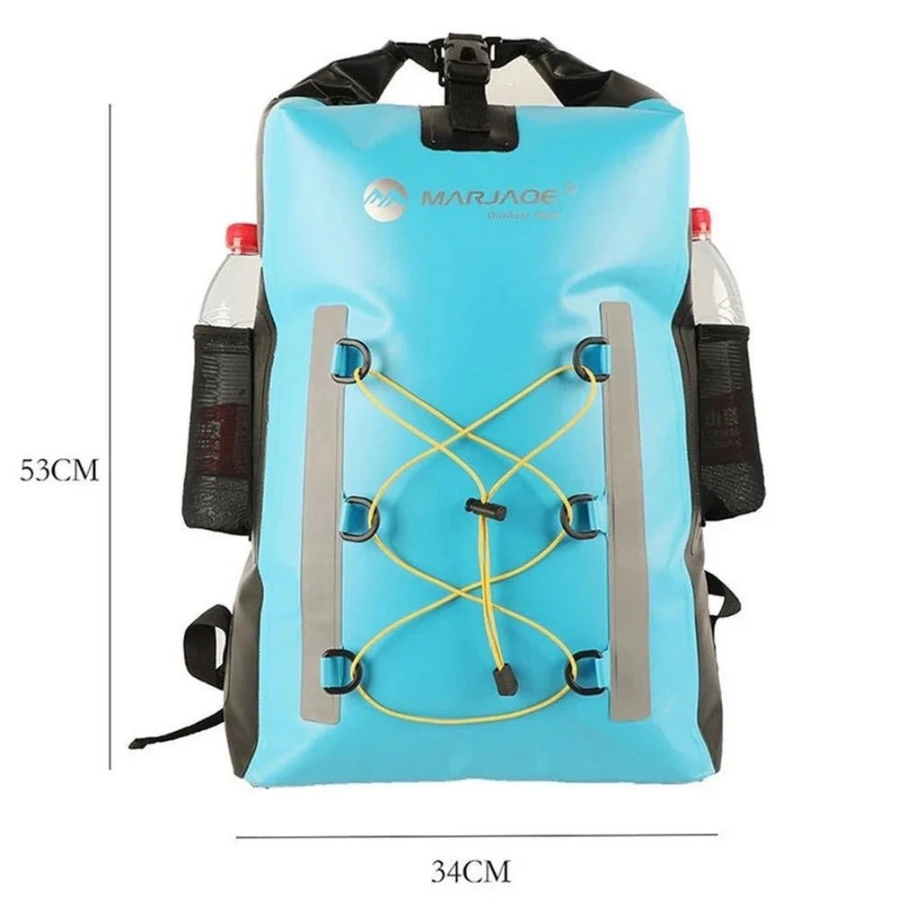 Sac à dos de canyoning bleu étanche avec poches latérales et cordon de serrage