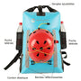Sac à dos de canyoning étanche bleu avec casque rouge, poches, bandes réfléchissantes