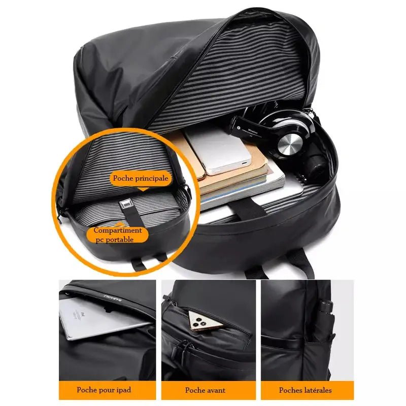 Sac à dos de classe noir avec plusieurs compartiments pour électronique et accessoires