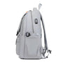 Sac à dos de cours gris clair avec plusieurs compartiments et port de charge USB