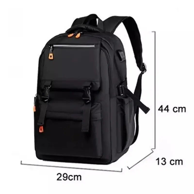 Sac à dos de cours noir avec zippers orange, plusieurs compartiments, 44x29x13 cm