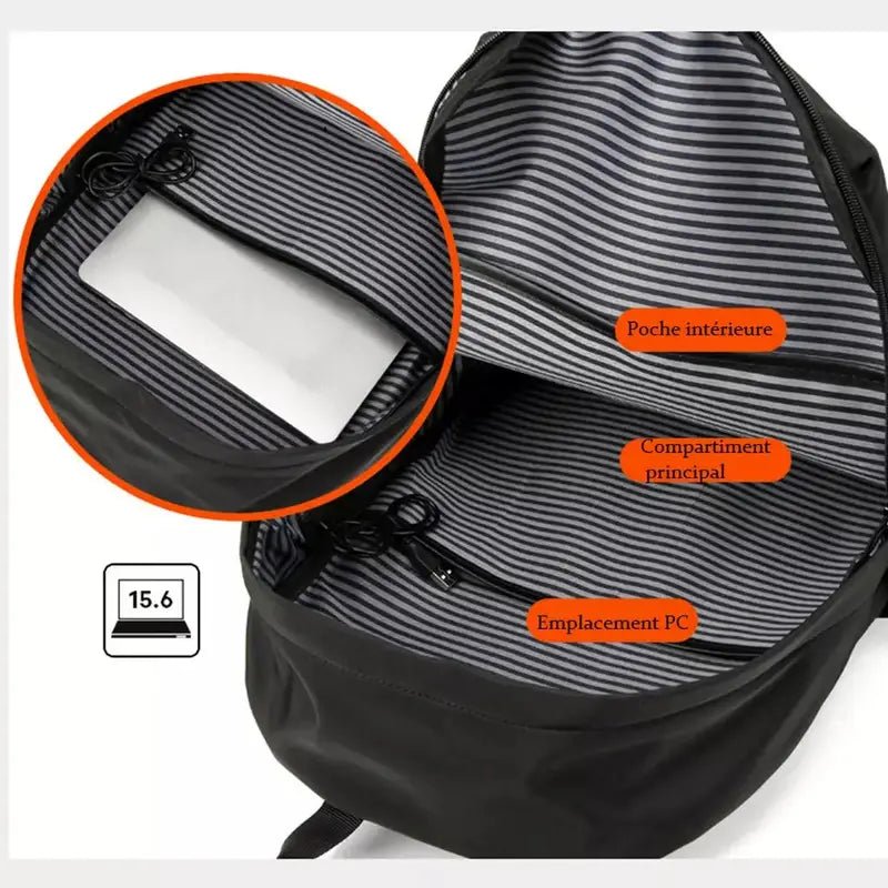 Sac à dos de cours moderne noir avec plusieurs compartiments et poche rembourrée pour ordinateur portable