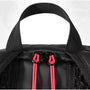 Sac à dos de moto noir avec poignée supérieure et tirettes de fermeture rouges