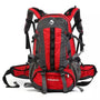 Sac à dos de randonnée 40L rouge et gris avec plusieurs compartiments et sangles