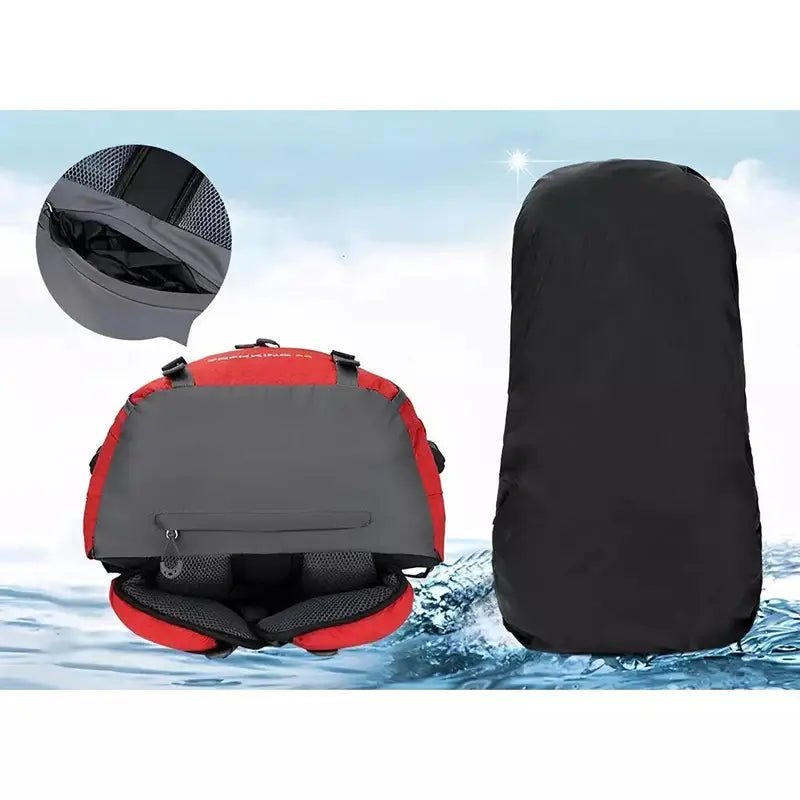 Sac à dos de randonnée 60L Trekking rouge et gris avec couverture anti-pluie noire