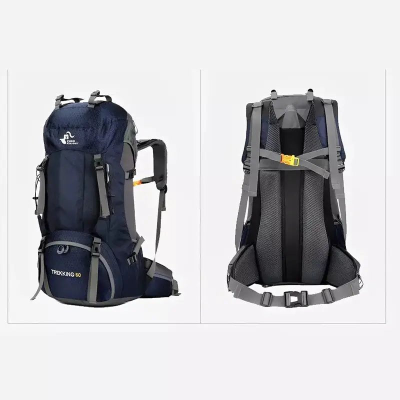 Sac à dos de randonnée 60L en bleu foncé et gris avec bretelles ajustables et panneau dorsal rembourré