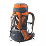 Sac à dos de randonnée 70L orange et gris foncé avec multiples compartiments et sangles