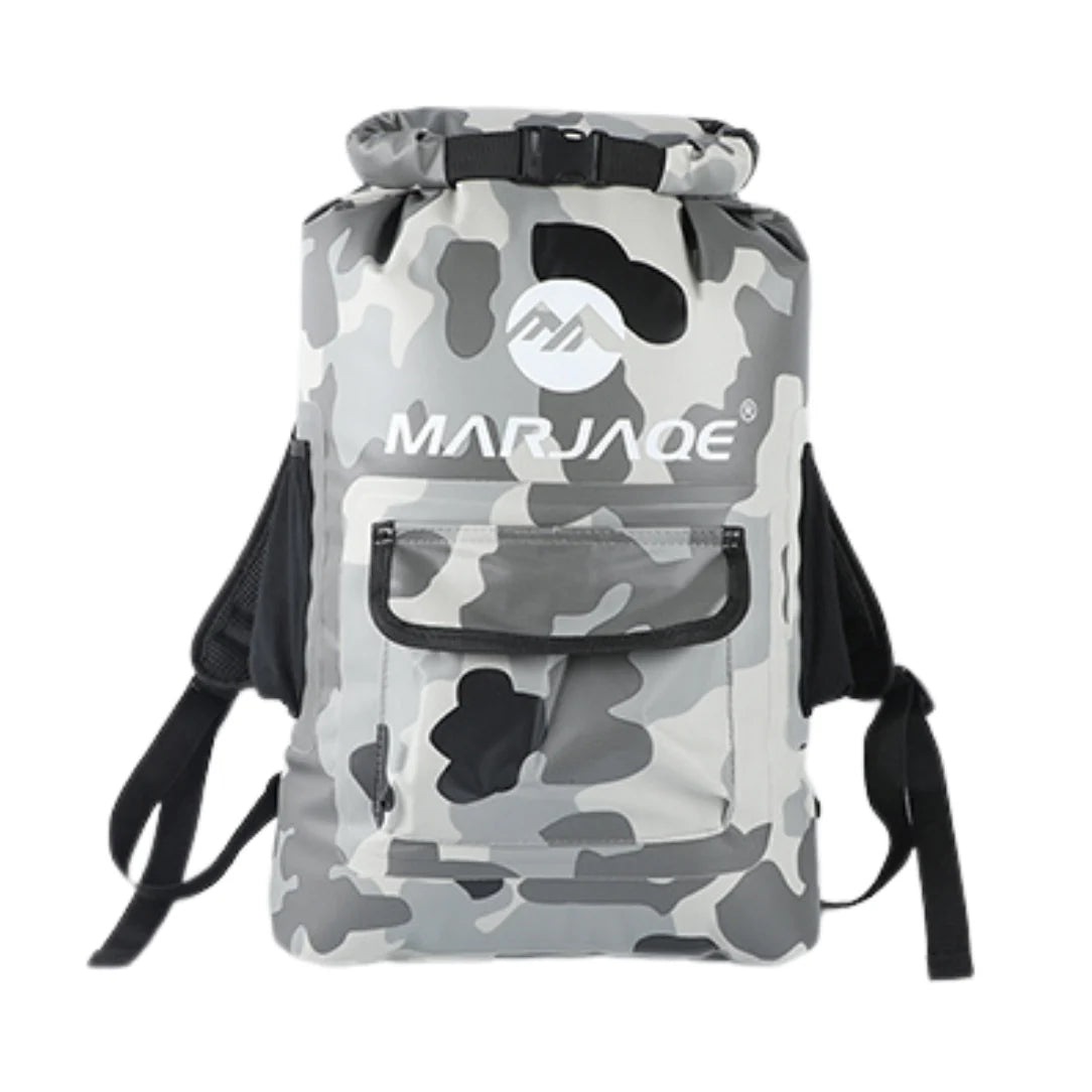 Sac à dos Marjaqe camouflage gris et noir, étanche, roll-top