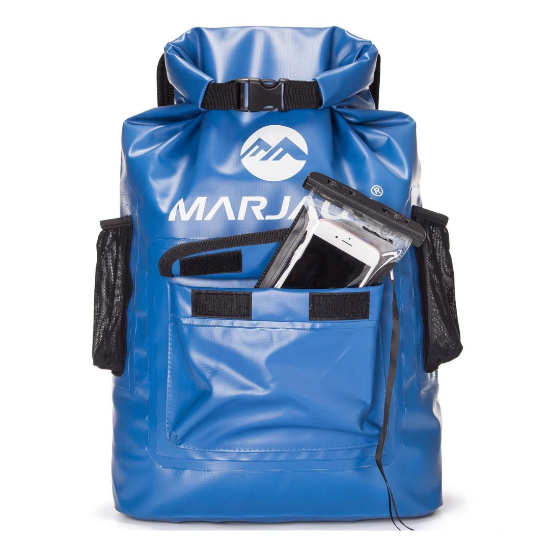 Sac à dos Marjao bleu étanche avec poches latérales filet noir