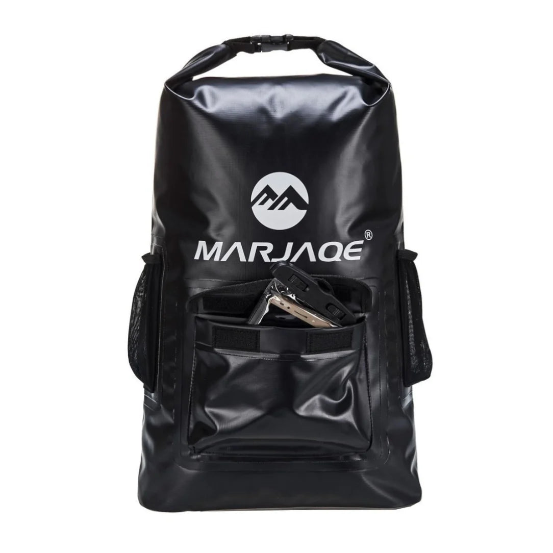 Sac à dos aquatique Marjae® noir étanche avec fermeture roll-top et poche maillée avant