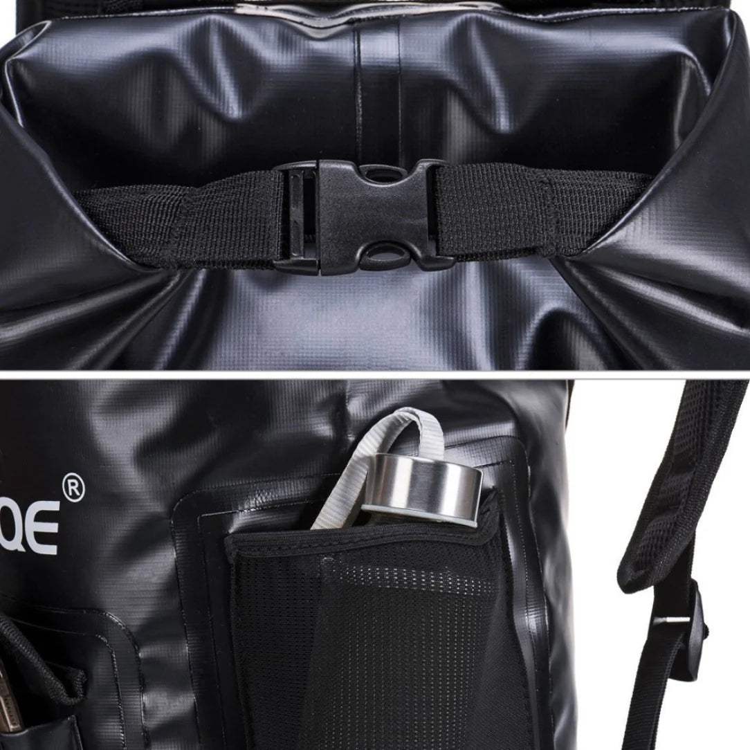 Sac à dos de sport aquatique Marjaqe noir étanche avec gourde argentée