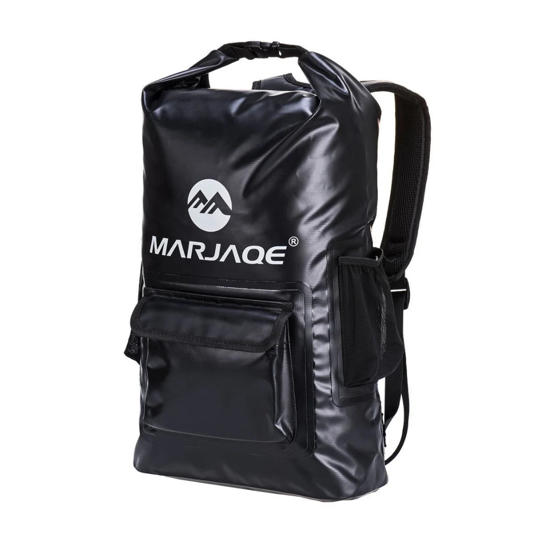 Sac à dos Marjae® noir étanche à finition brillante et logo blanc