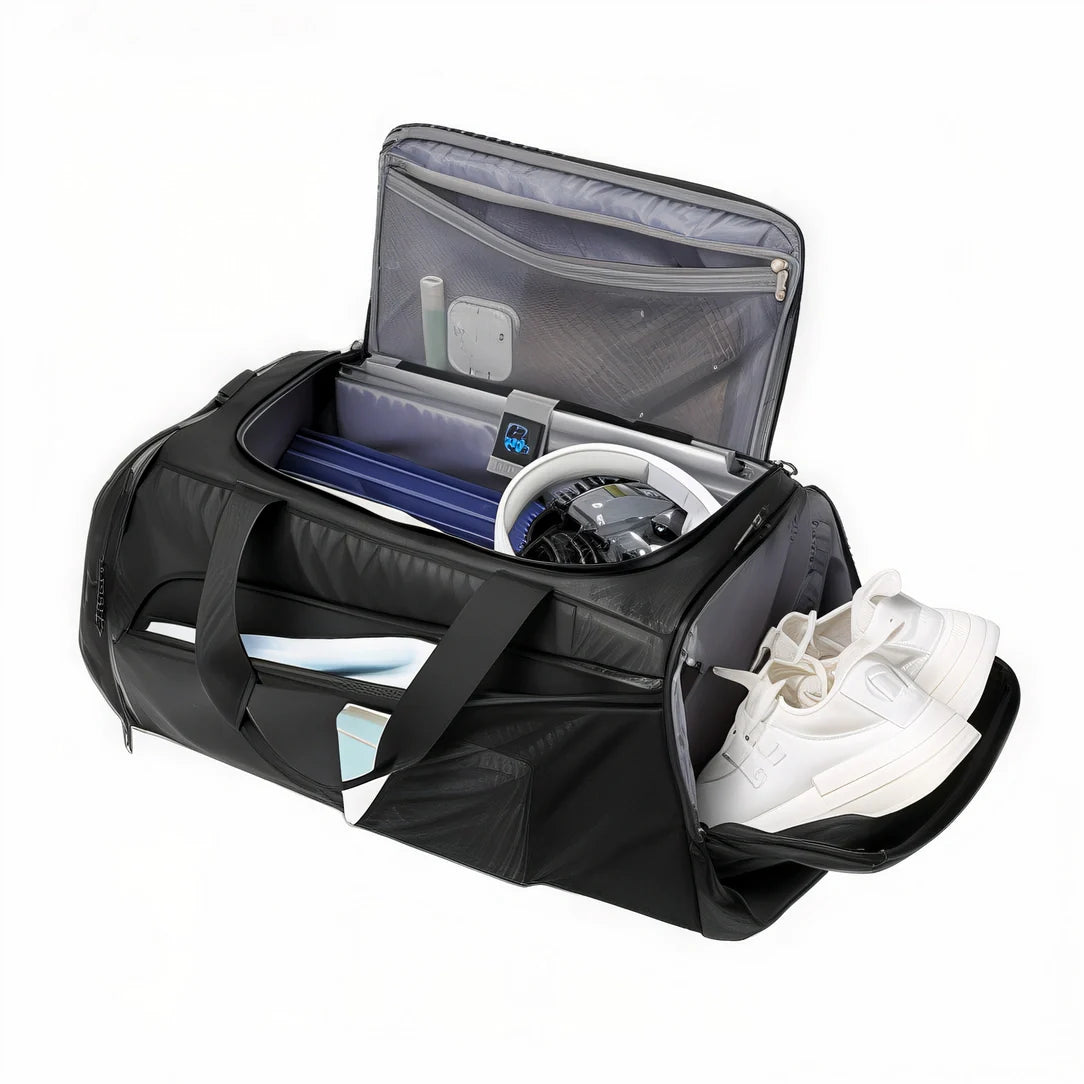 Sac à dos de sport noir avec compartiment chaussures et intérieur gris organisé