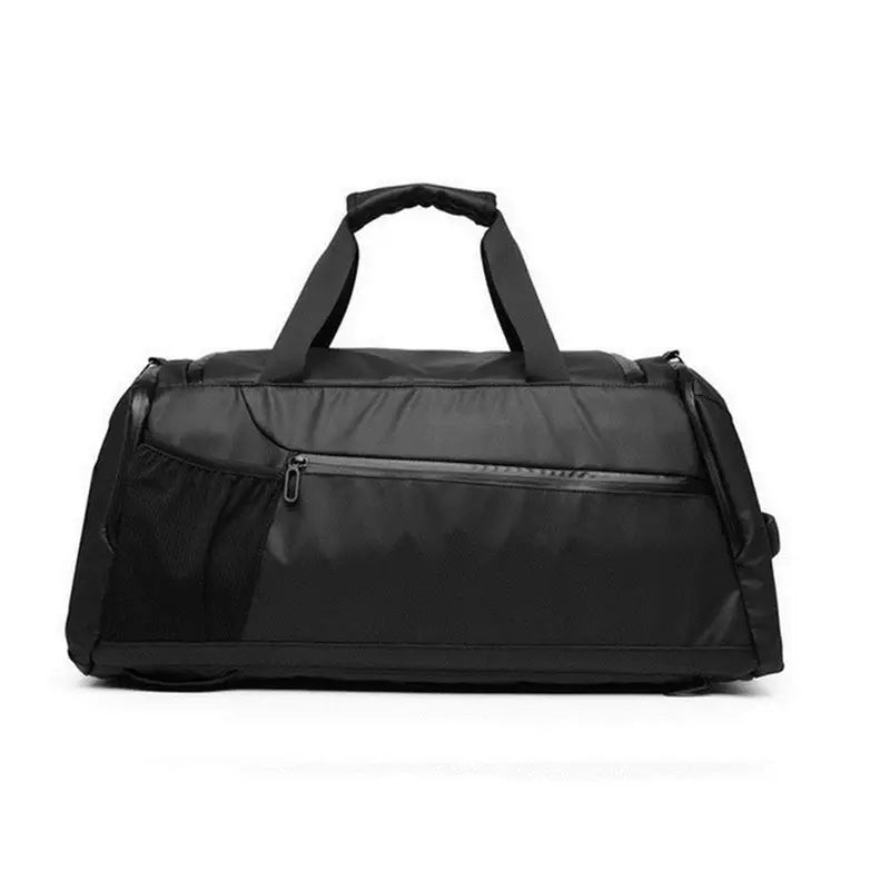 Sac à dos de sport noir avec compartiment chaussures, zip principal et poches latérales