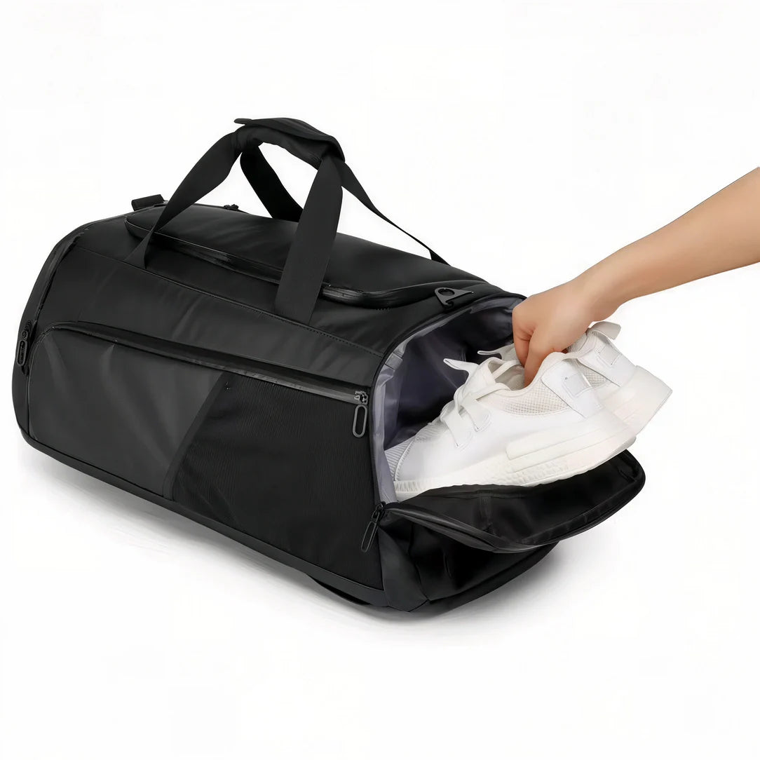 Sac à dos de sport noir avec intérieur blanc et compartiment chaussures