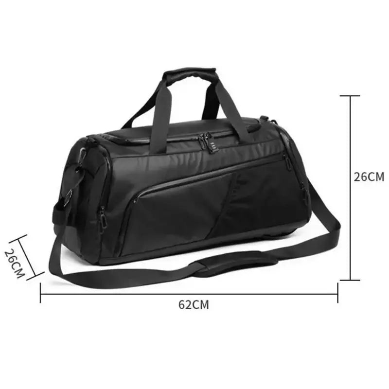 Sac à dos de sport noir avec compartiments zippés, poignées, bandoulière, 62x26x26cm