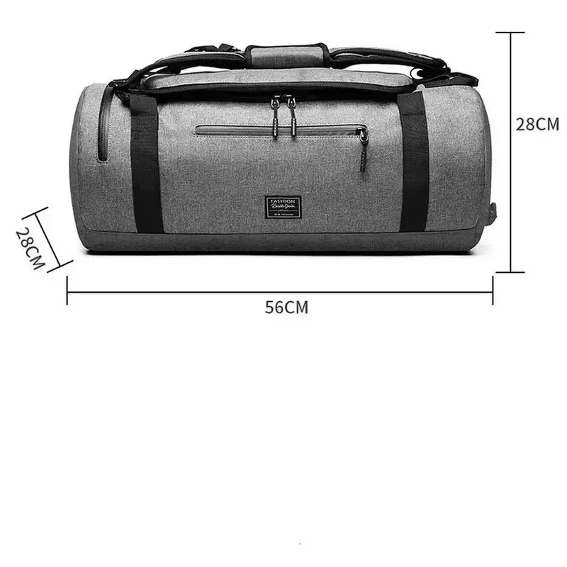 Sac à dos de sport gris avec bandoulières noires et plusieurs poches zippées
