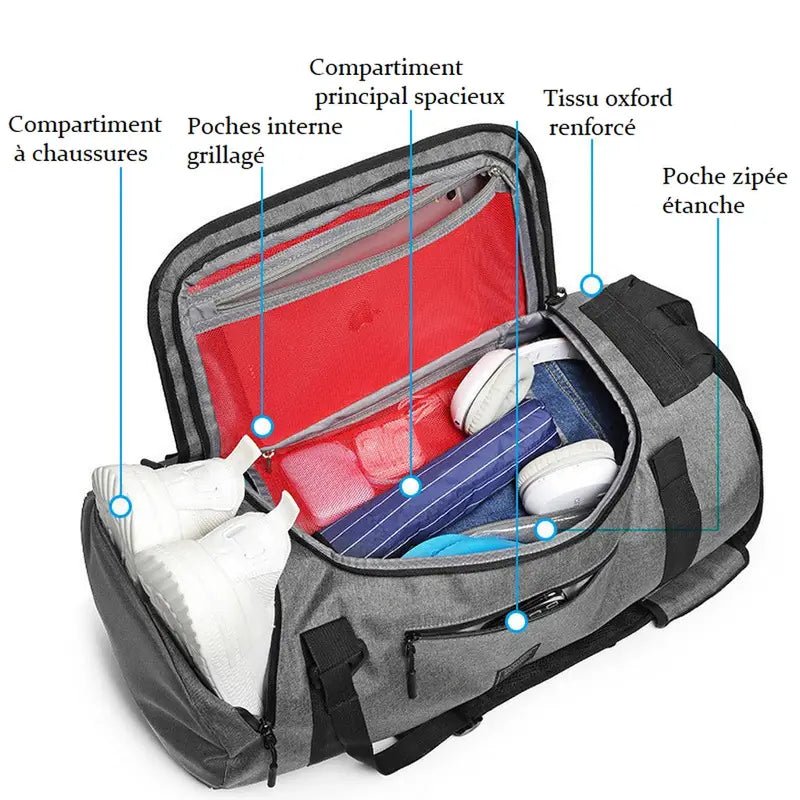 Sac à dos de sport gris avec compartiments pour chaussures, articles humides et rangement, en oxford renforcé