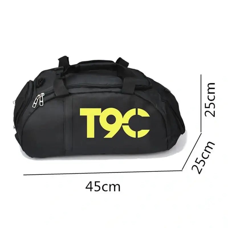 Sac à dos de sport homme noir avec logo jaune T9C et dimensions