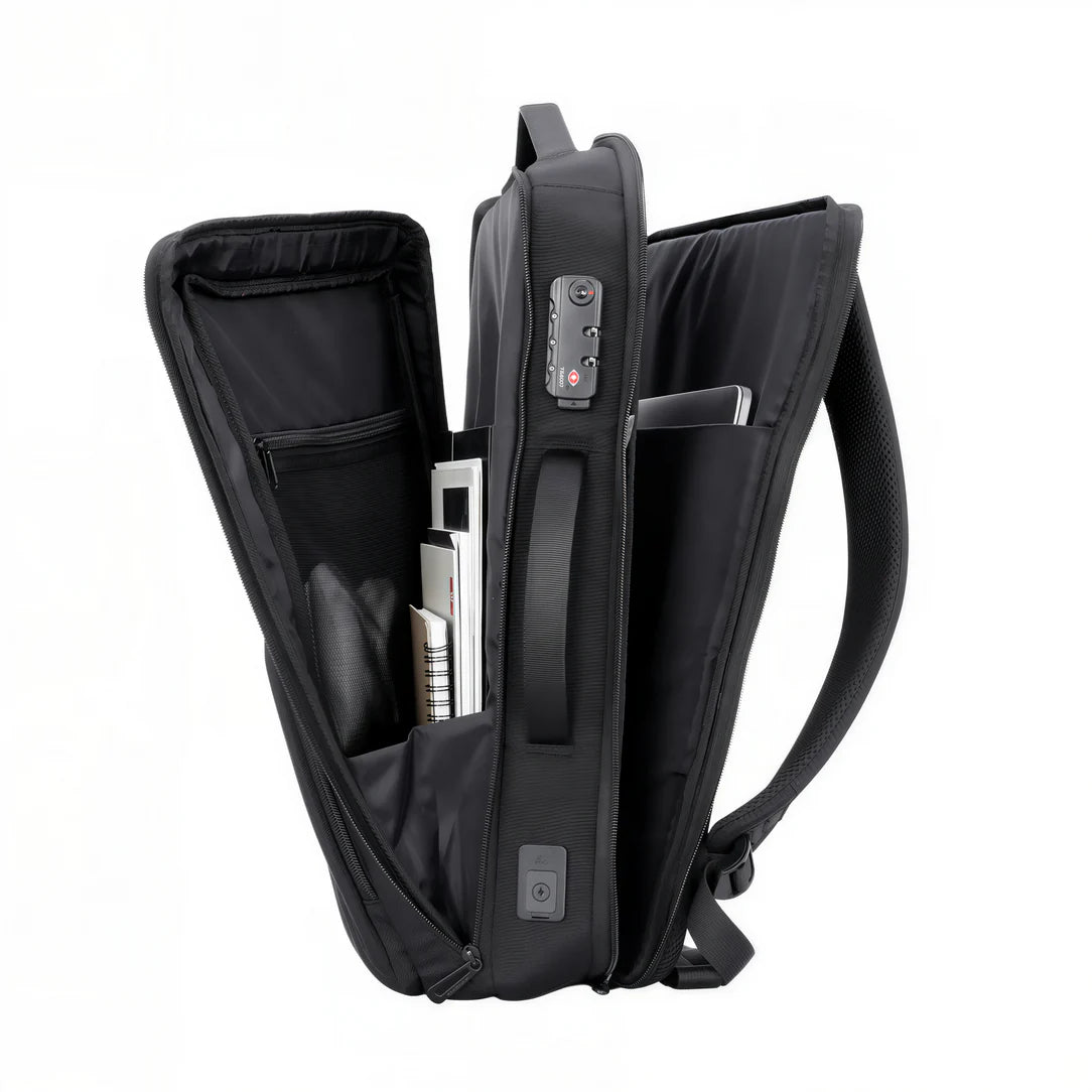 Sac à dos de travail antivol TSA Guardian noir ouvert avec plusieurs compartiments et serrure à combinaison