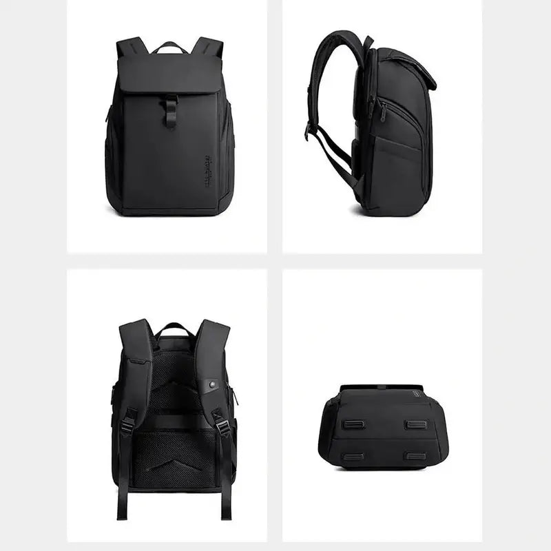 Quatre vues d’un sac à dos de travail femme noir avec rabat et bretelles rembourrées