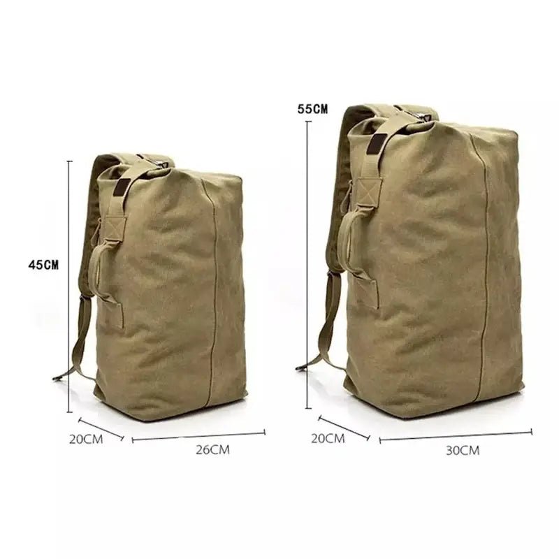 Sac à dos de voyage 40l beige en toile avec bandoulières et poignées, dimensions affichées