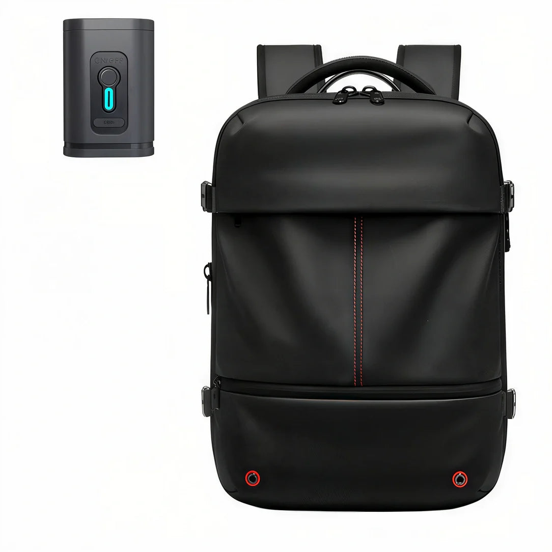 Sac à dos en cuir noir avec coutures rouges et port USB antivol 40L