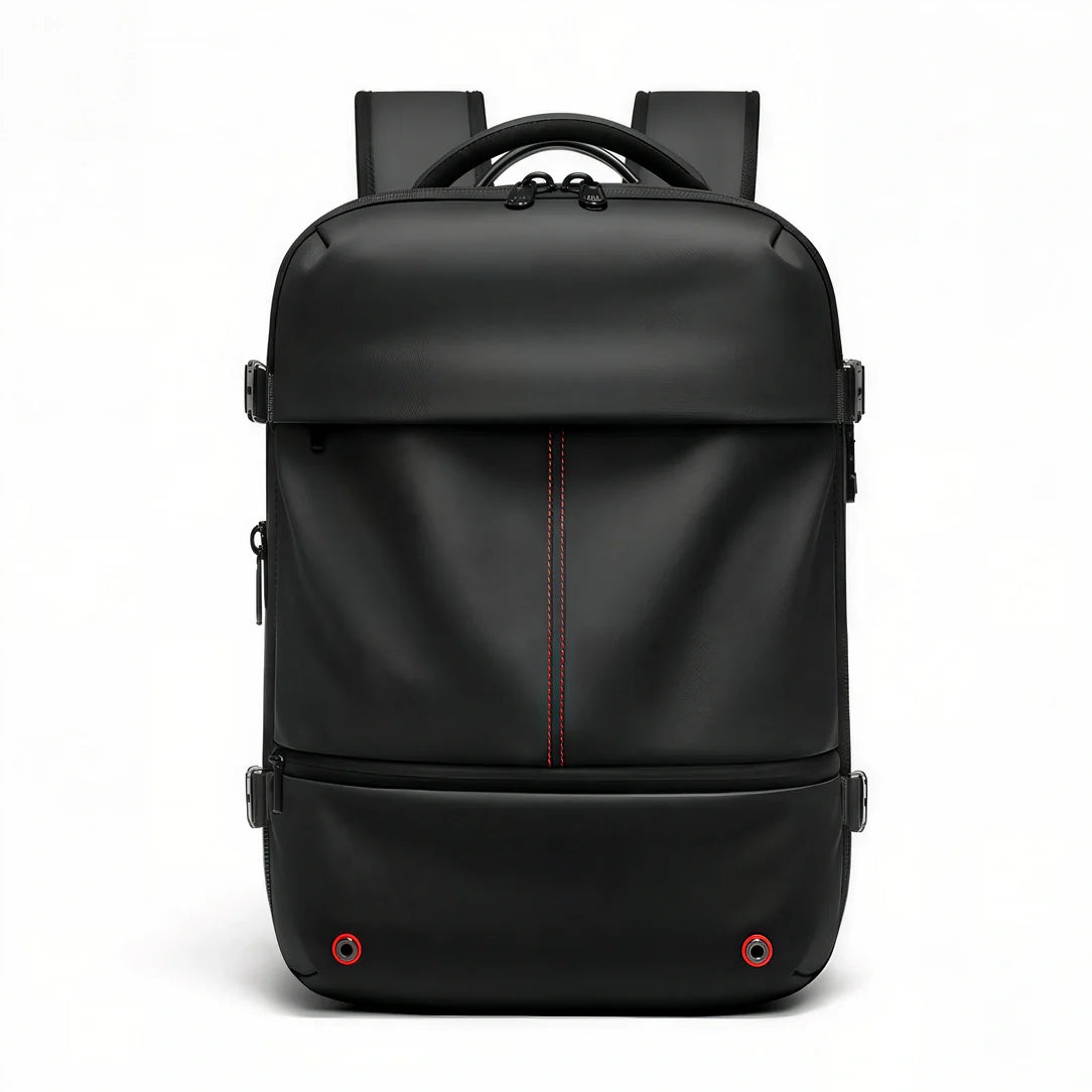 Sac à dos en cuir noir 40L antivol avec accents rouges et port USB