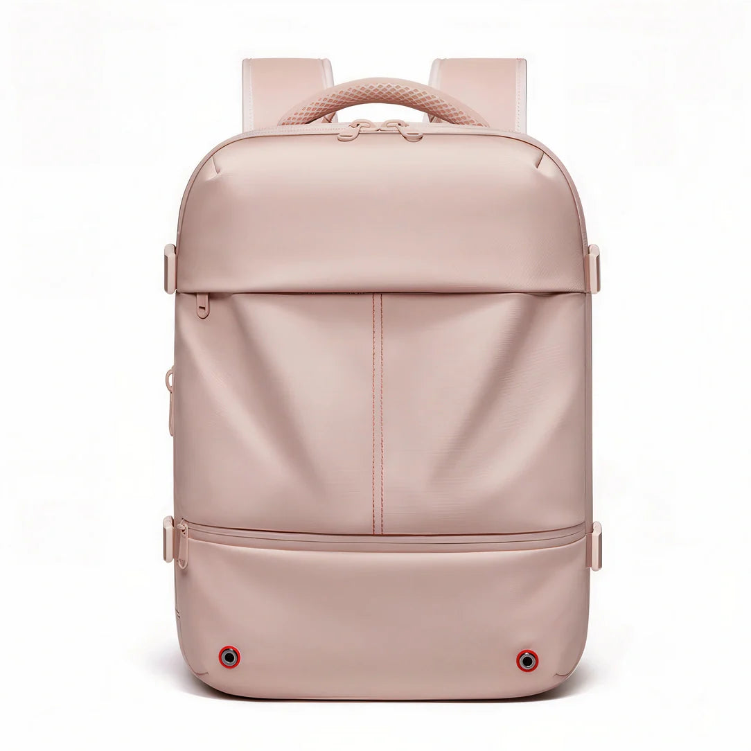 Sac à dos rose poudré 40L antivol avec accents noirs et anses tressées