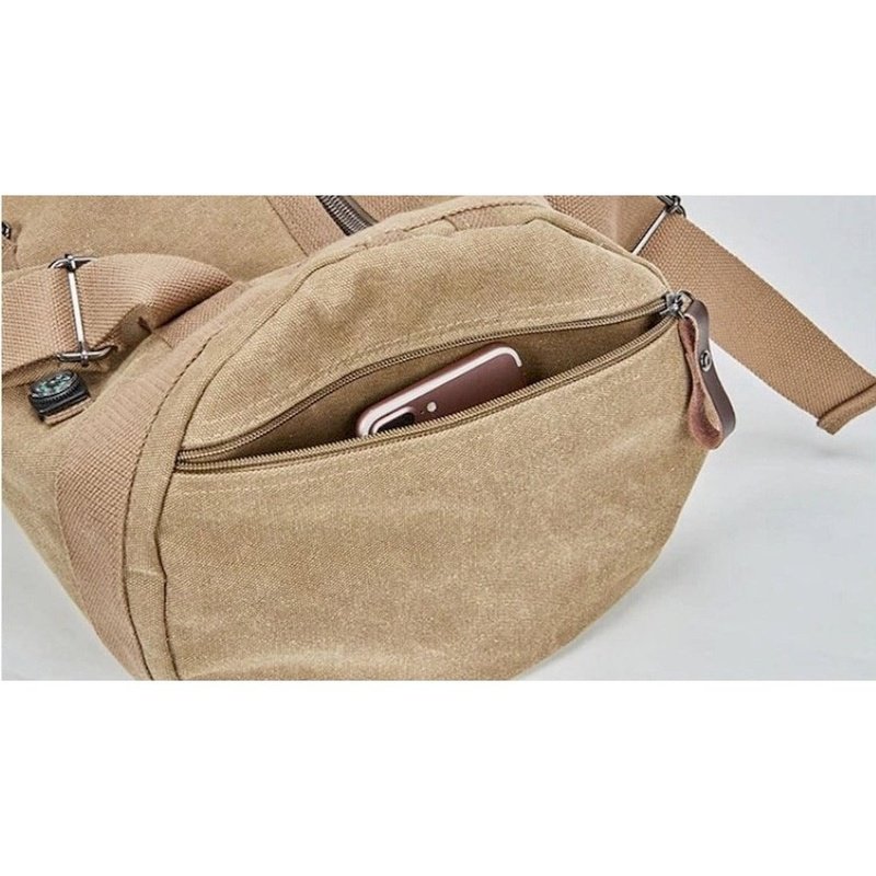 Sac à dos de voyage à bandoulière en toile beige avec poche zippée pour smartphone