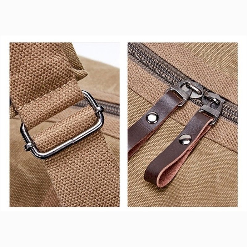 Vue rapprochée d’un sac à dos de voyage à bandoulière en toile beige avec boucles en métal et fermetures éclair en cuir marron foncé