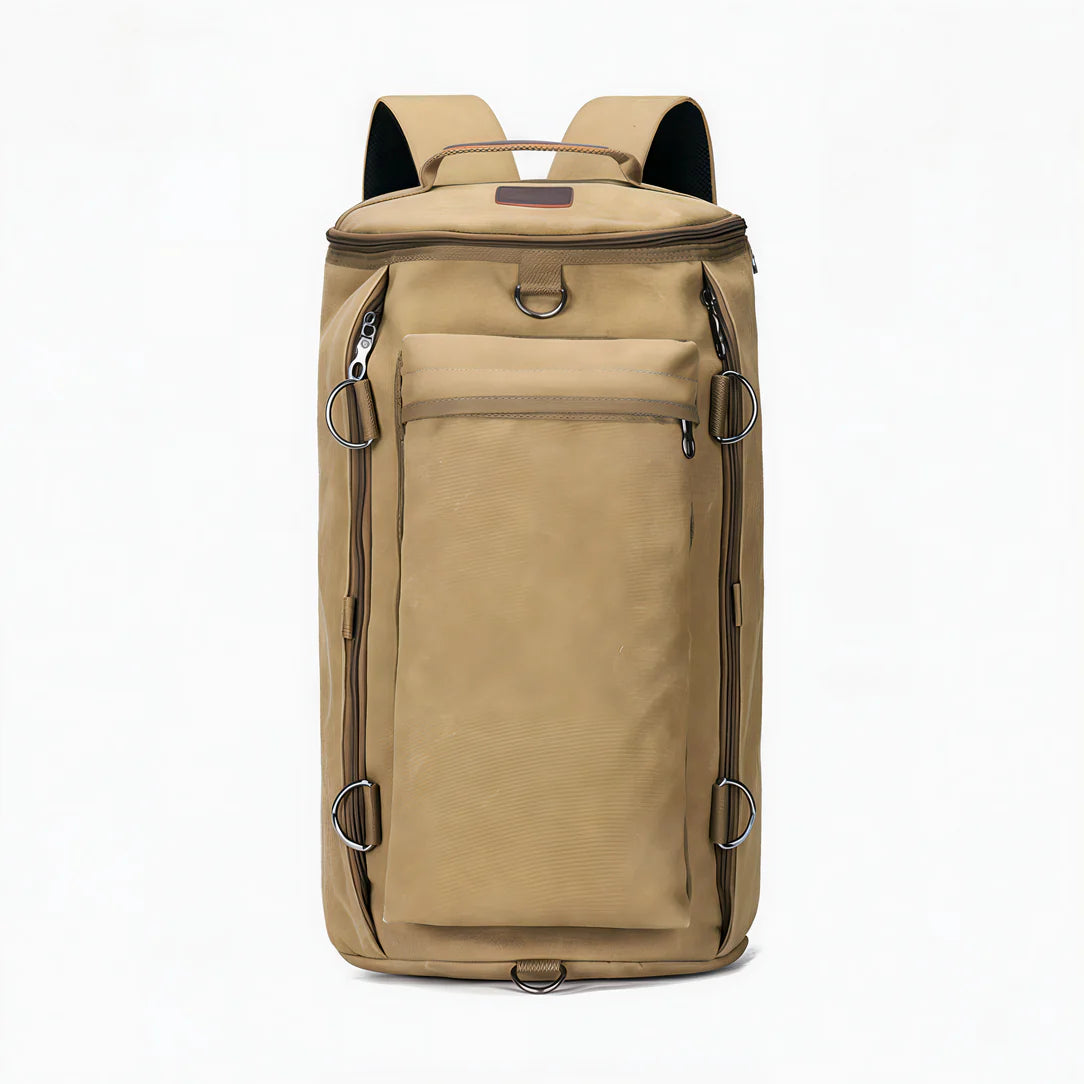 Sac à dos de voyage en toile beige avec fermetures éclair et anneaux D métalliques
