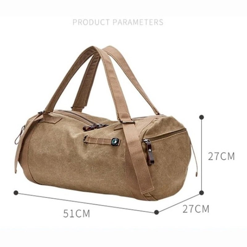 Sac à dos de voyage à bandoulière en toile kaki avec poignées et compartiments zippés