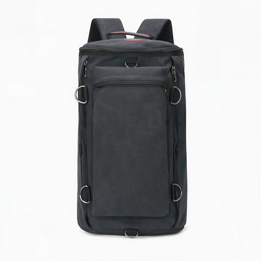 Sac à dos de voyage noir en nylon avec anneaux et fermetures argentés
