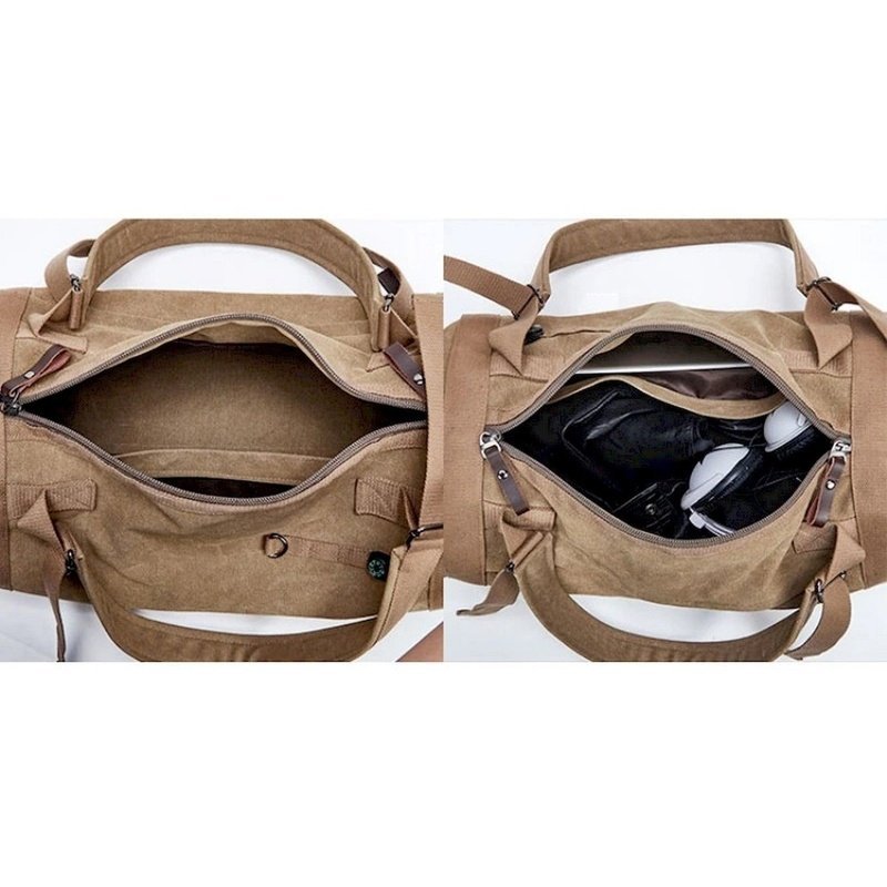 Deux vues d’un sac de voyage en toile marron, vide et rempli de chaussures et ordinateur portable