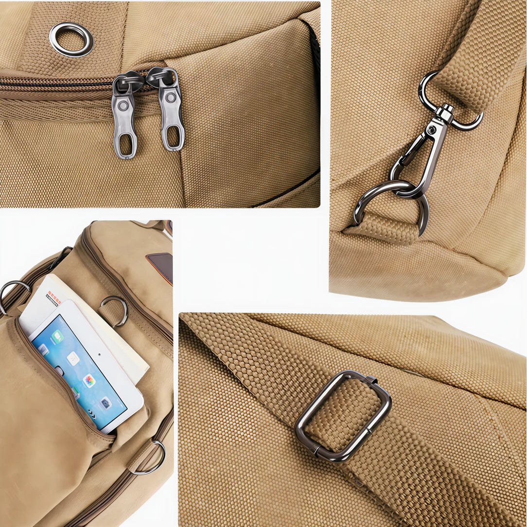 Sac à dos de voyage à bandoulière en toile beige avec fermetures éclair et clips métalliques argentés