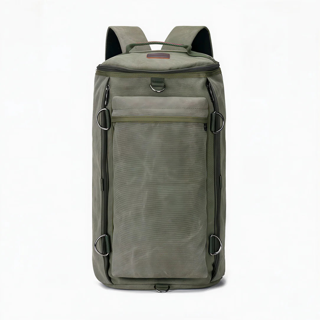 Sac à dos de voyage en toile cirée olive avec fermetures éclair noires et anneaux D métalliques