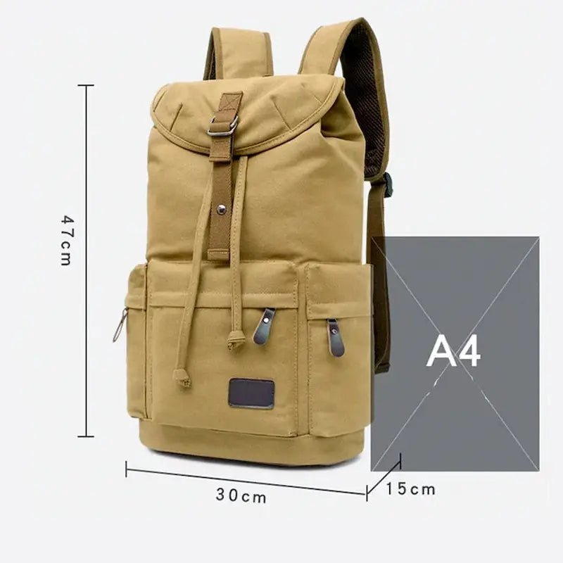 Sac à dos de voyage en toile kaki avec fermeture à cordon et multiples poches