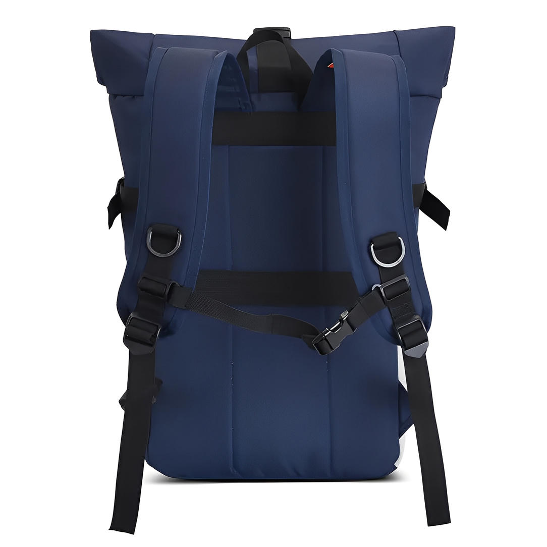 Sac à dos de voyage vintage en bleu marine avec bretelles noires et anneaux en argent