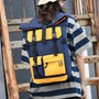 Sac à dos de voyage vintage en bleu marine et jaune avec bretelles et poches extérieures