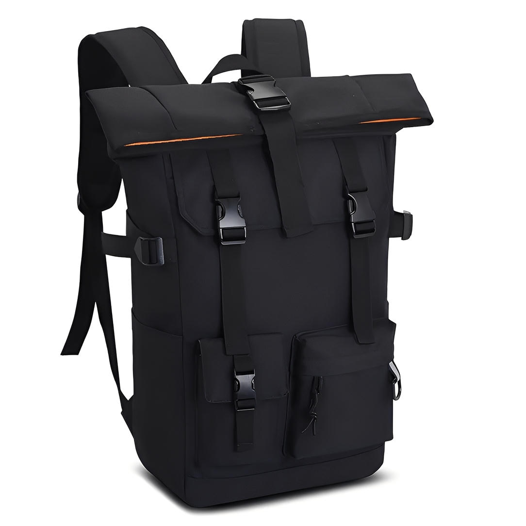 Sac à dos de voyage vintage noir avec plusieurs boucles et poches frontales