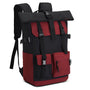 Sac à dos de voyage vintage noir et rouge avec plusieurs poches et boucles