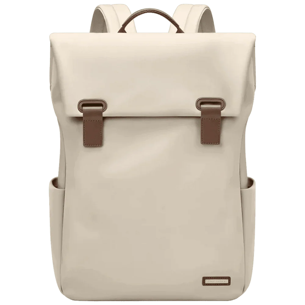 Sac à dos déperlant femme beige avec bretelles marron et poignée supérieure